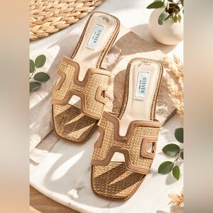 Steven New York Raffia Slide Sandals Tan Square Toe Size 7.5
